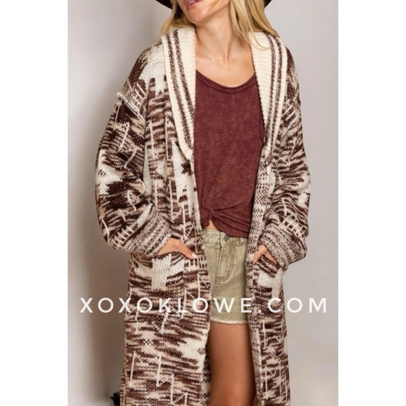 POL Beige + Brown Southwestern Patterned Mid Length Belted Cardigan - Picture 10 of 12